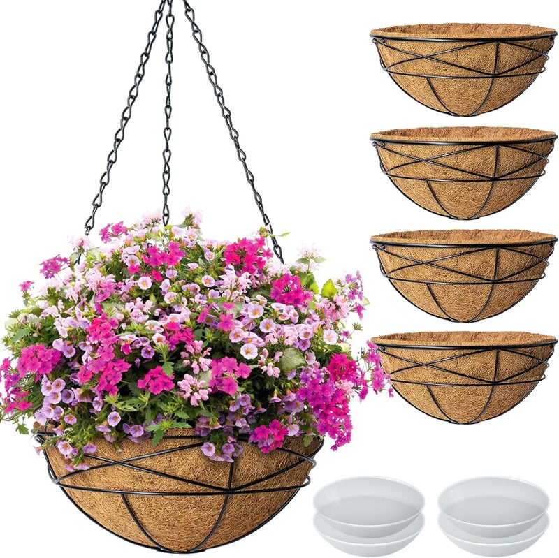 Karlliu 4 Pack 12 Inch Hanging Planters for Outdoor Plants Metal Watering Flower Baskets with Coco Liner for Hanging Pot Round Plant Holders Planter for Outside Garden Decoration - Image 1